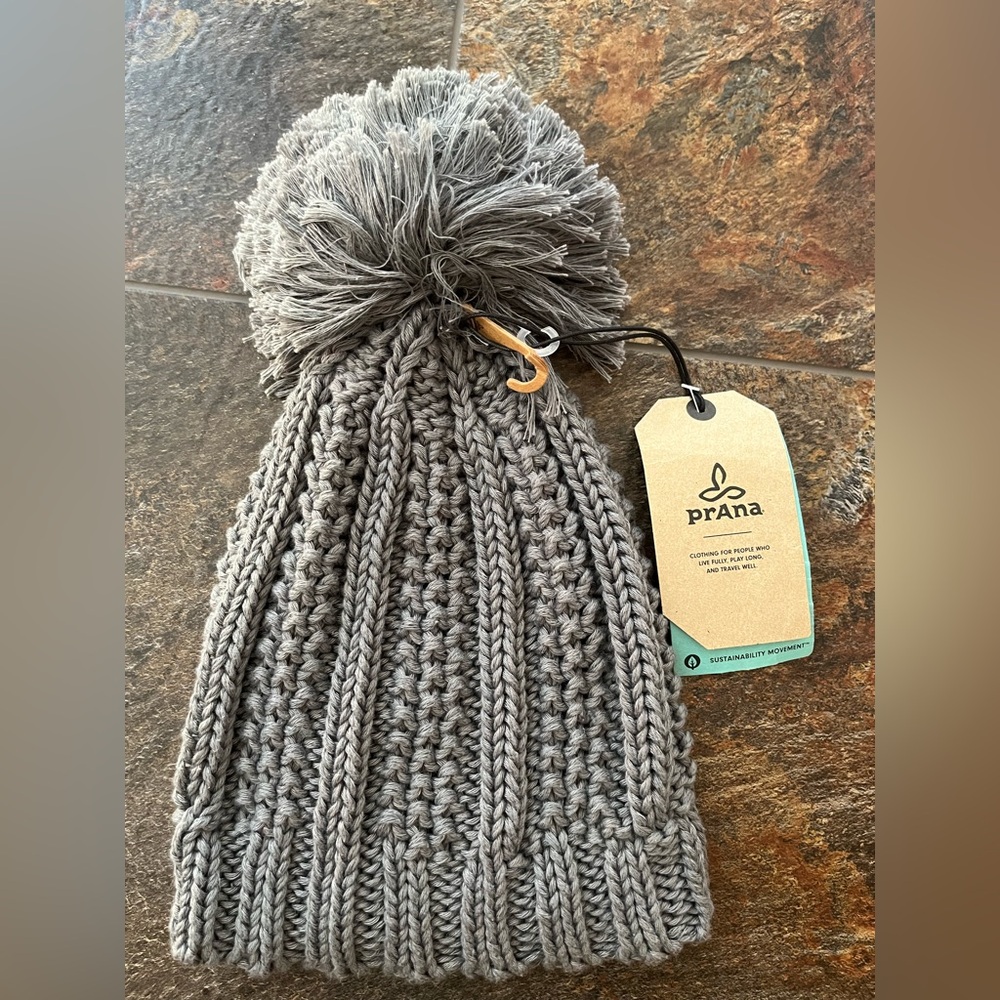 New PrAna Pammy 2 knit beanie with Pom. Color is gravel (gray). One size